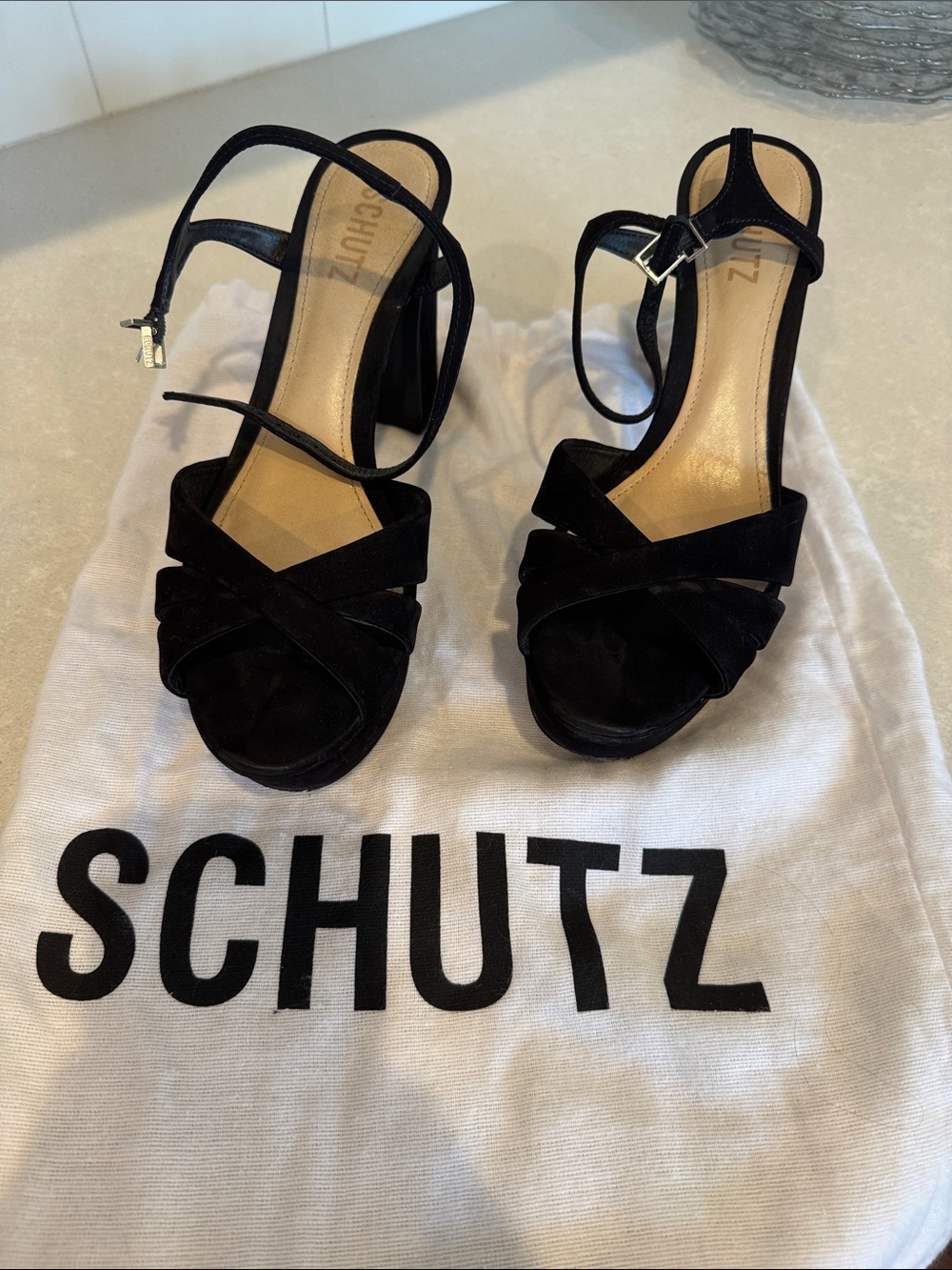 SCHUTZ Black Suede Cross-Strap Block Heel Sandals